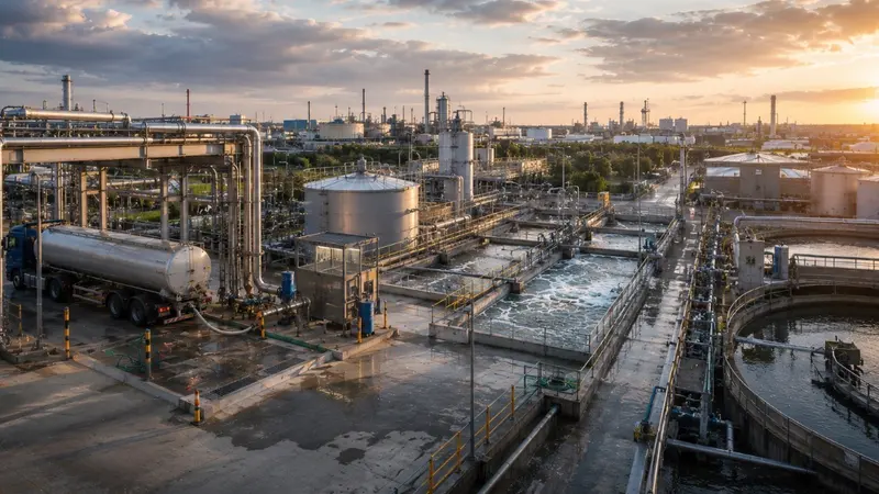 Afvalwaterzuivering met bezinktanks en een tankwagen bij zonsondergang