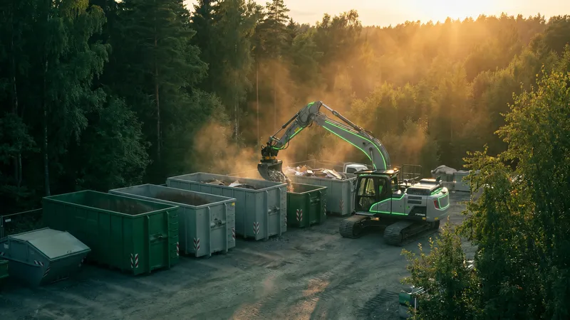 Bouwplaats met geordende afvalcontainers en een graafmachine