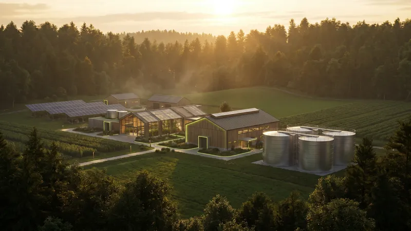 Agrarische omgeving met boerderijgebouwen en opslagtanks bij gouden licht