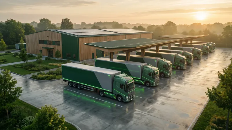 Logistiek depot met een rij schone vrachtwagens bij gouden licht