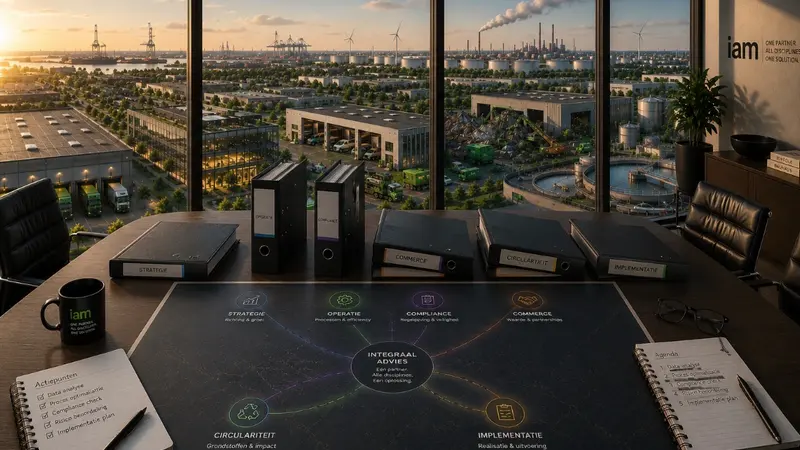 Boardroomtafel met een afvaladvies-overzicht en uitzicht over een industriegebied