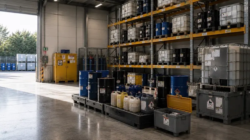 Geordende, gelabelde containers voor klein gevaarlijk afval