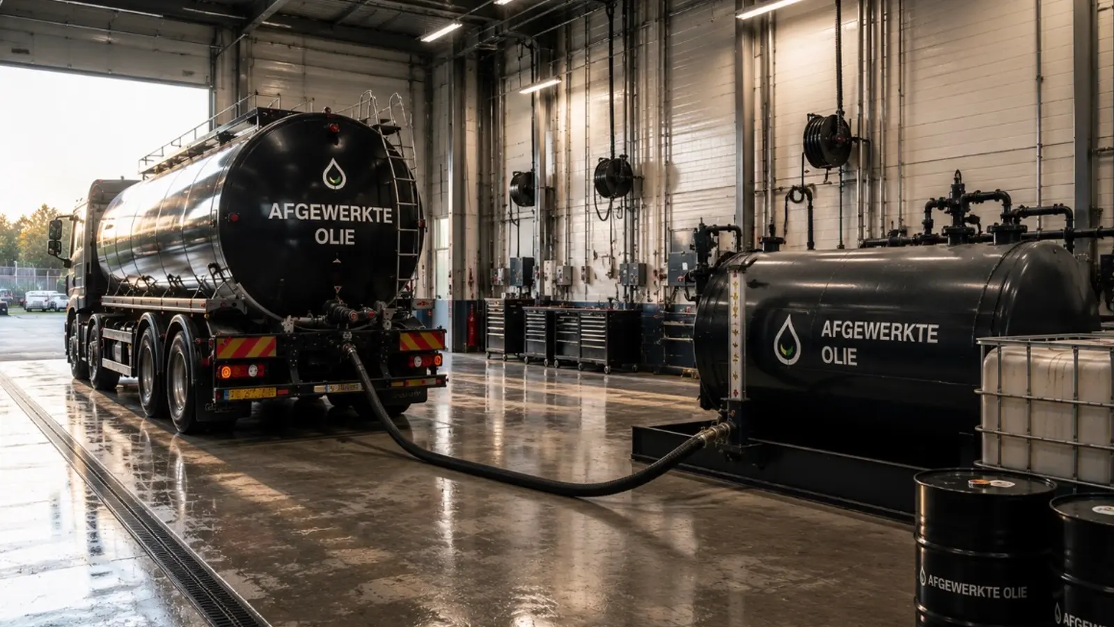 Tankwagen aangesloten op opslagtanks voor afgewerkte olie in een inzamelhal