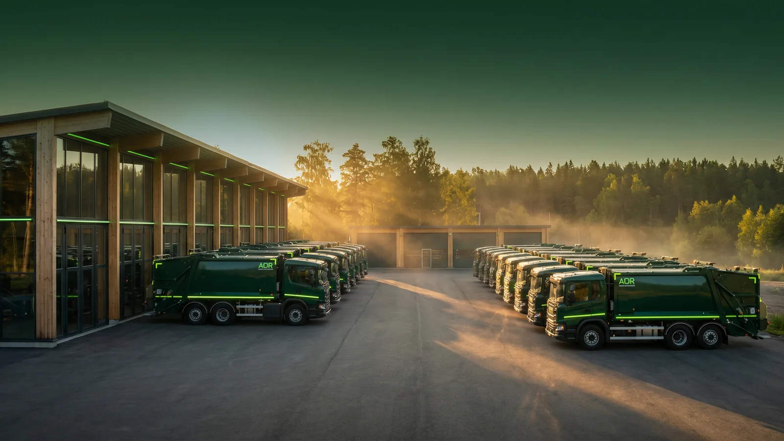 Vloot groene inzamelvrachtwagens bij een modern depot