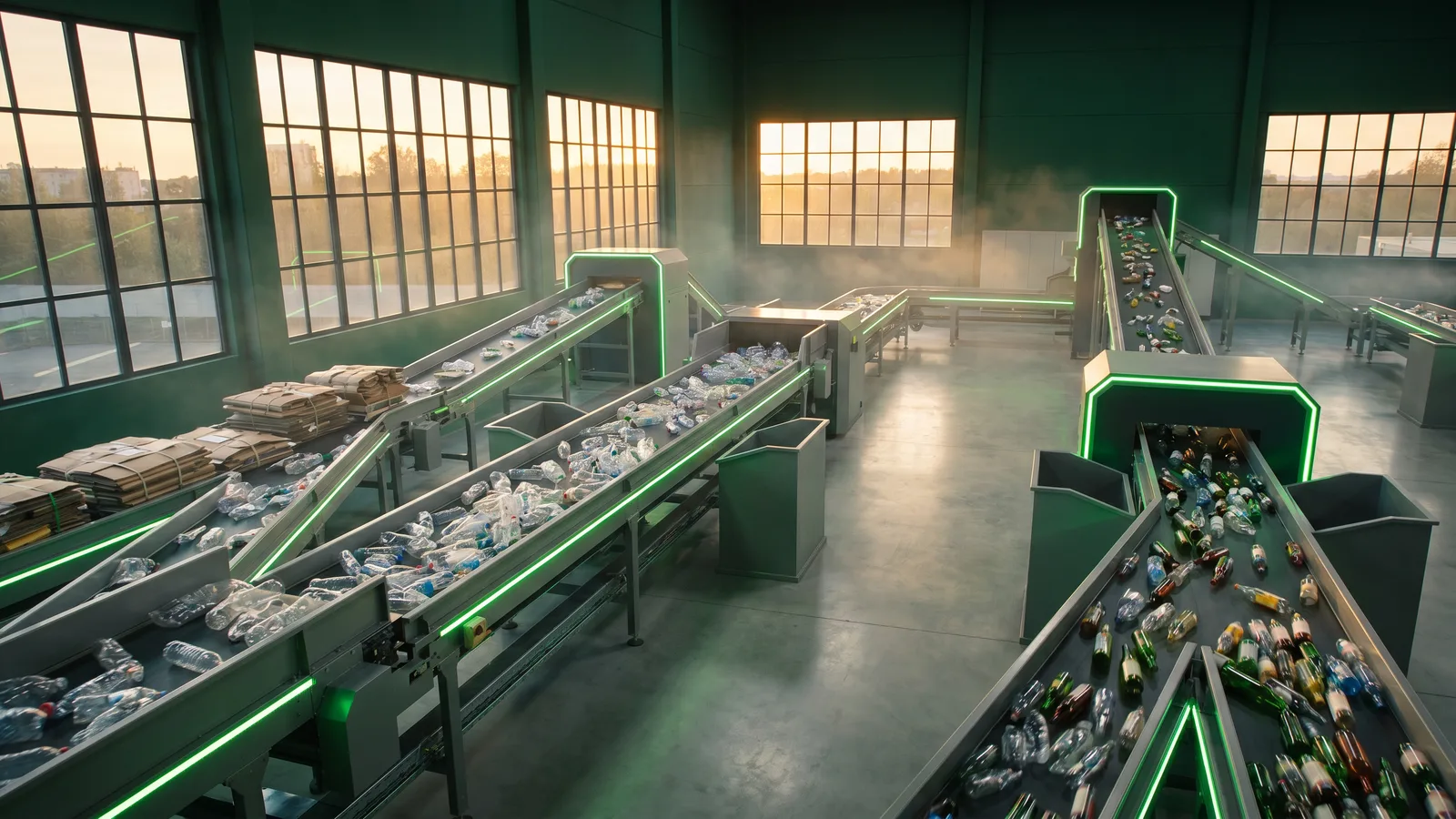 Clean, well-lit sorting facility with diverse separated waste streams