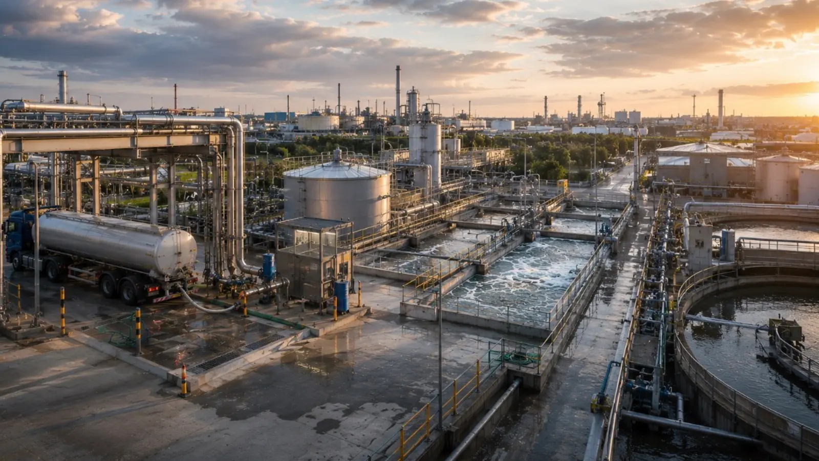 Afvalwaterzuivering met bezinktanks en een tankwagen bij zonsondergang