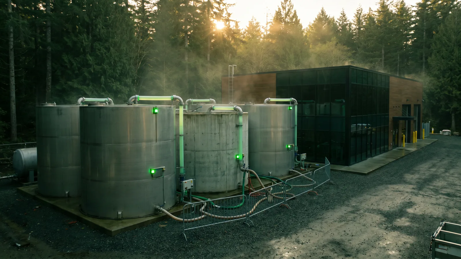 Opvangtanks met verontreinigd bluswater naast een industriële unit