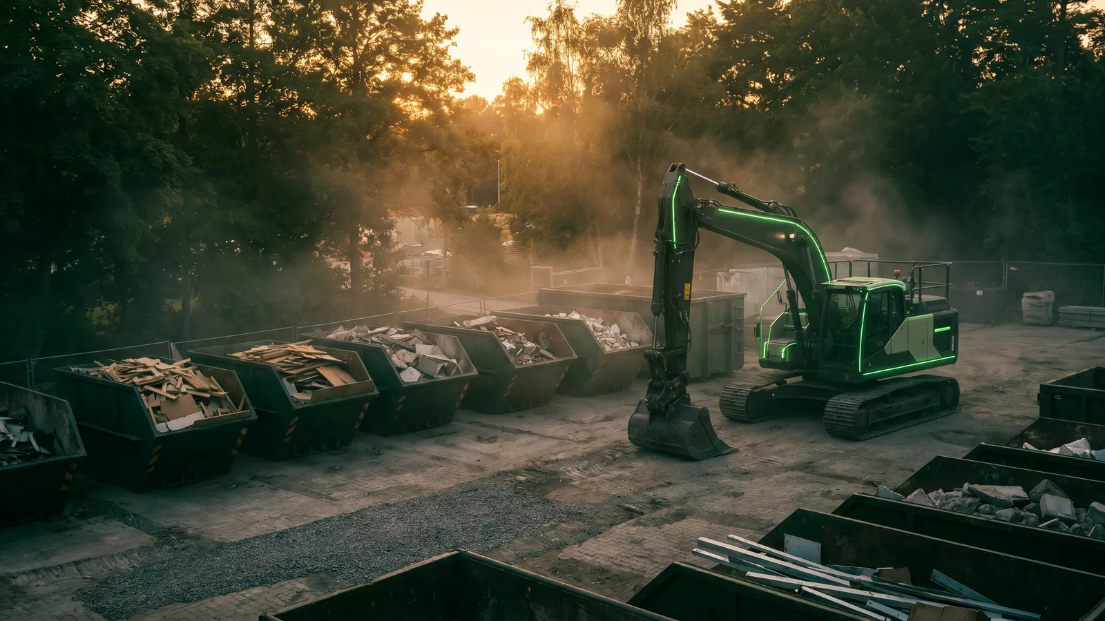 Construction and demolition site with sorted rubble skips and an excavator