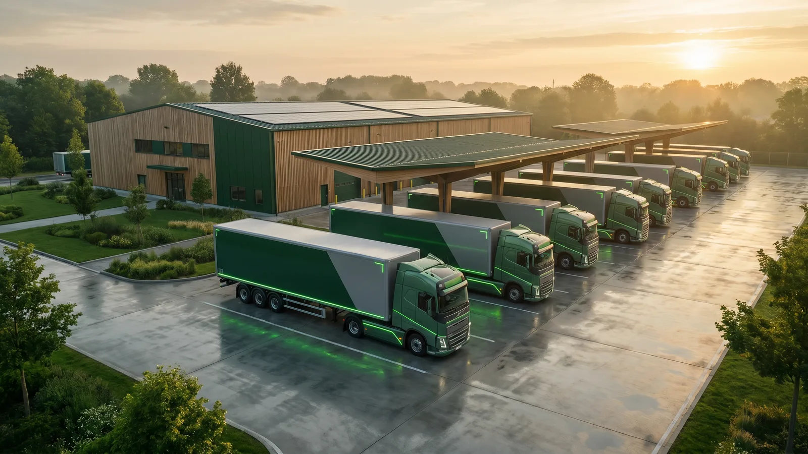 Logistics depot with a row of clean trucks at golden hour