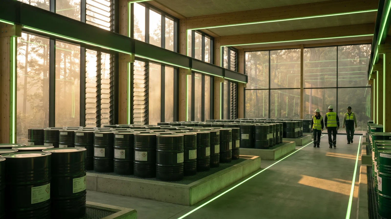 Labelled chemical drums in a ventilated, bunded store