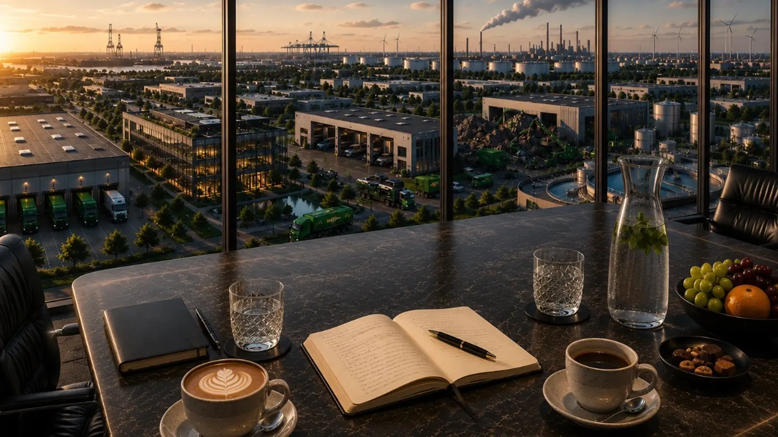 Meeting table with a view over a port and industrial area at sunset