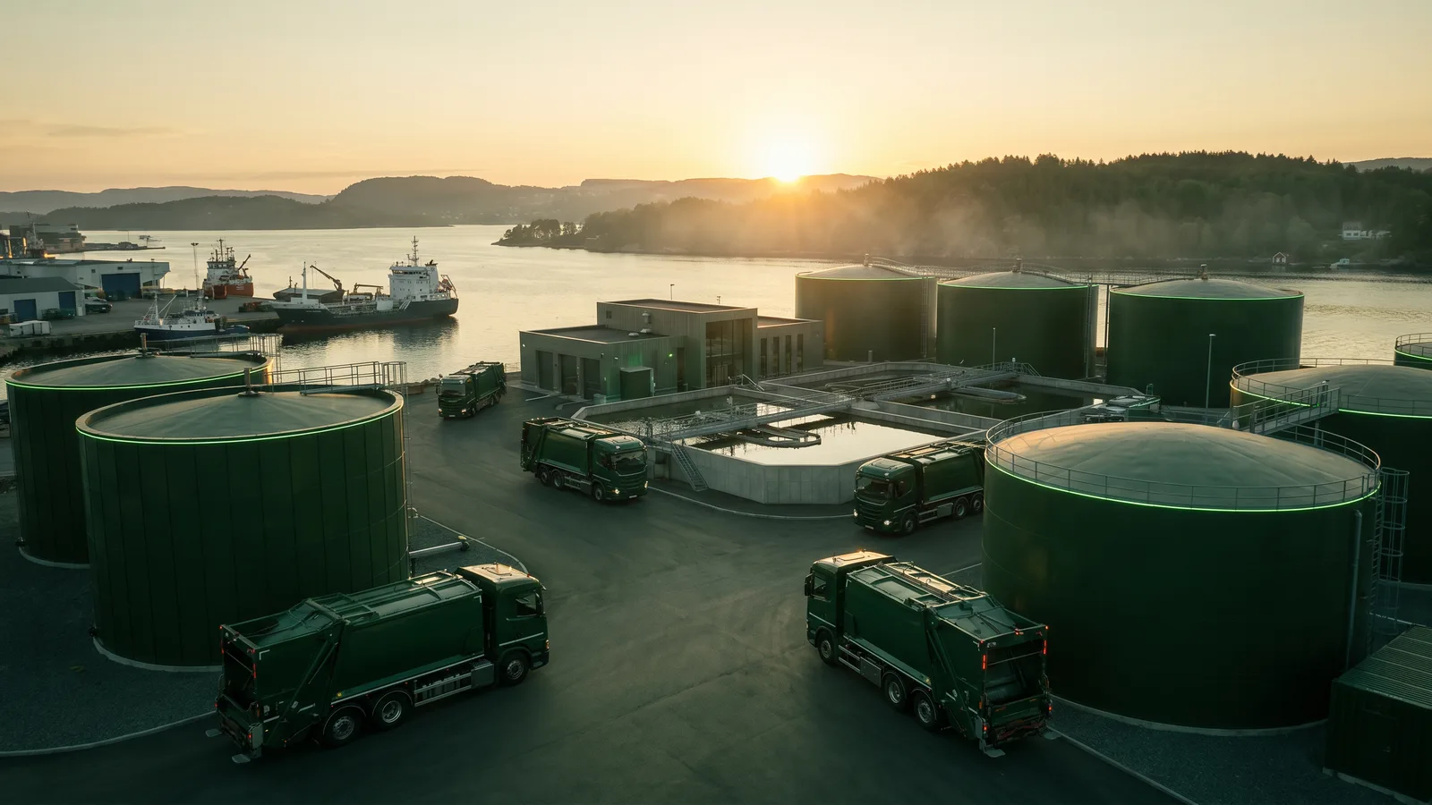 Overview of a modern waste-management operation with green trucks, tanks and water treatment