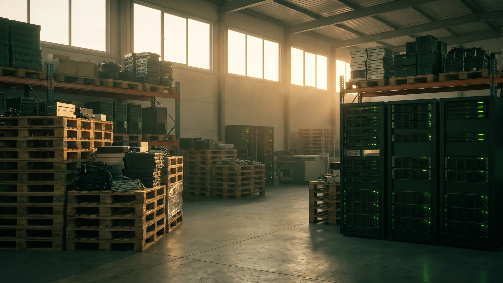 Palletised discarded electronics and servers in a clean warehouse