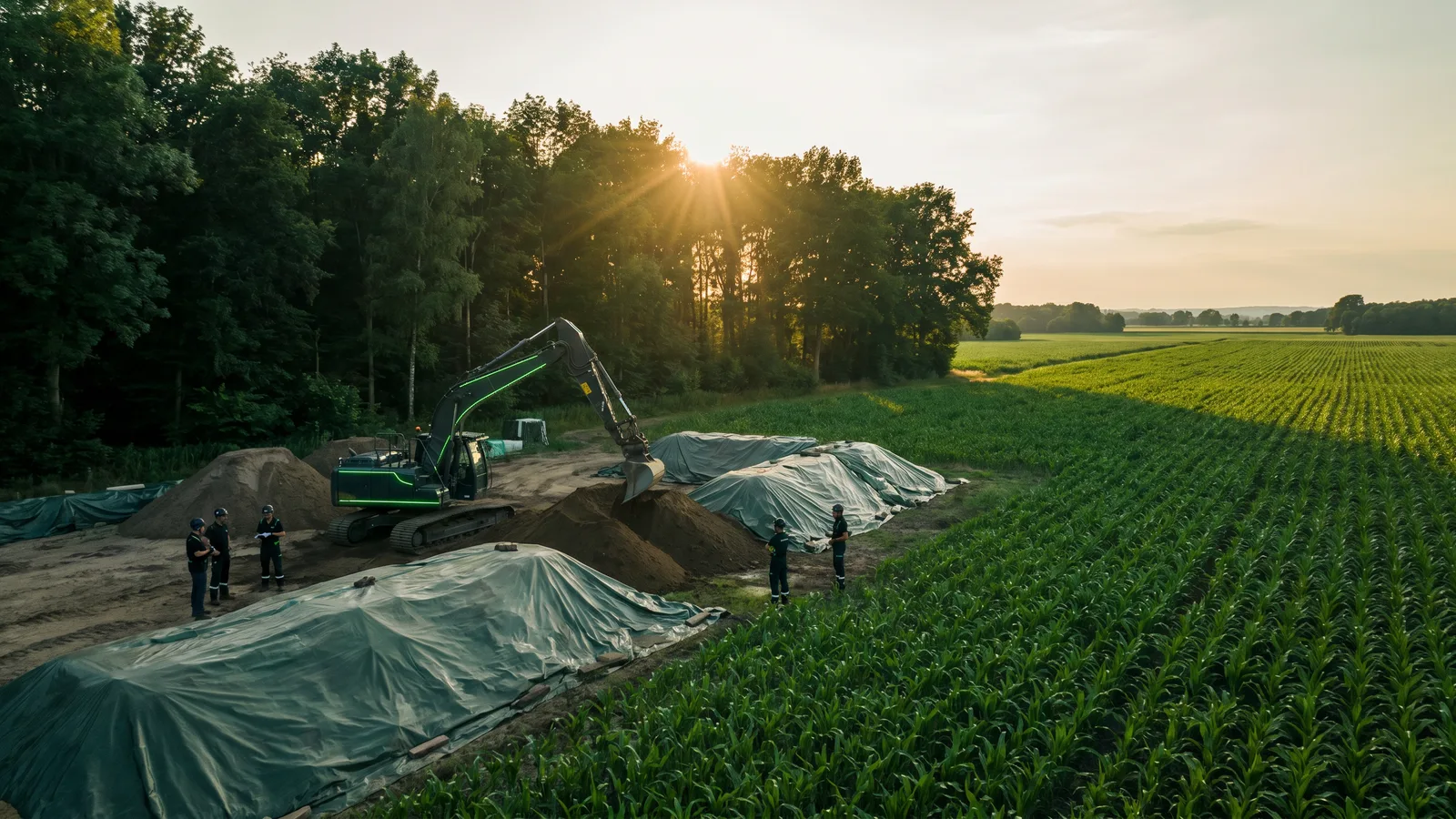 Soil-remediation site with an excavator and soil stockpiles