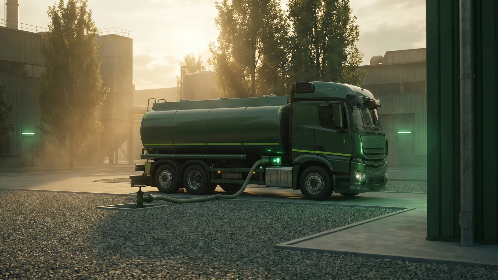 Tanker truck pumping industrial wastewater on a factory site