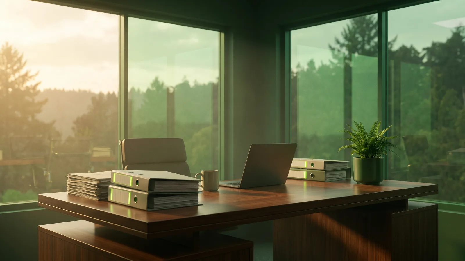 Calm desk scene with documents and regulations in green-filtered light