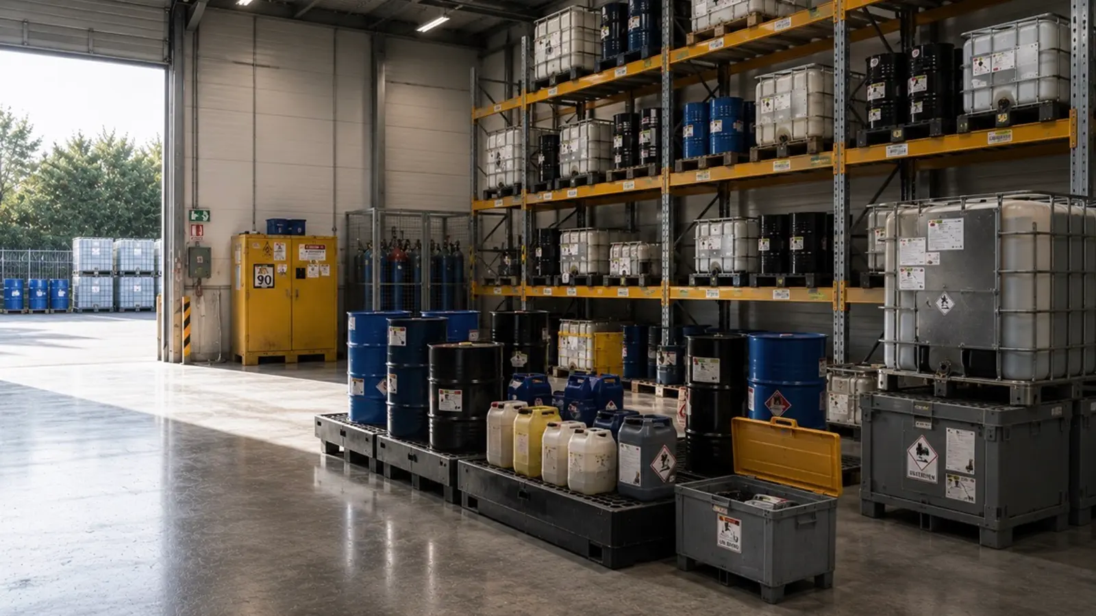Geordende, gelabelde containers voor klein gevaarlijk afval