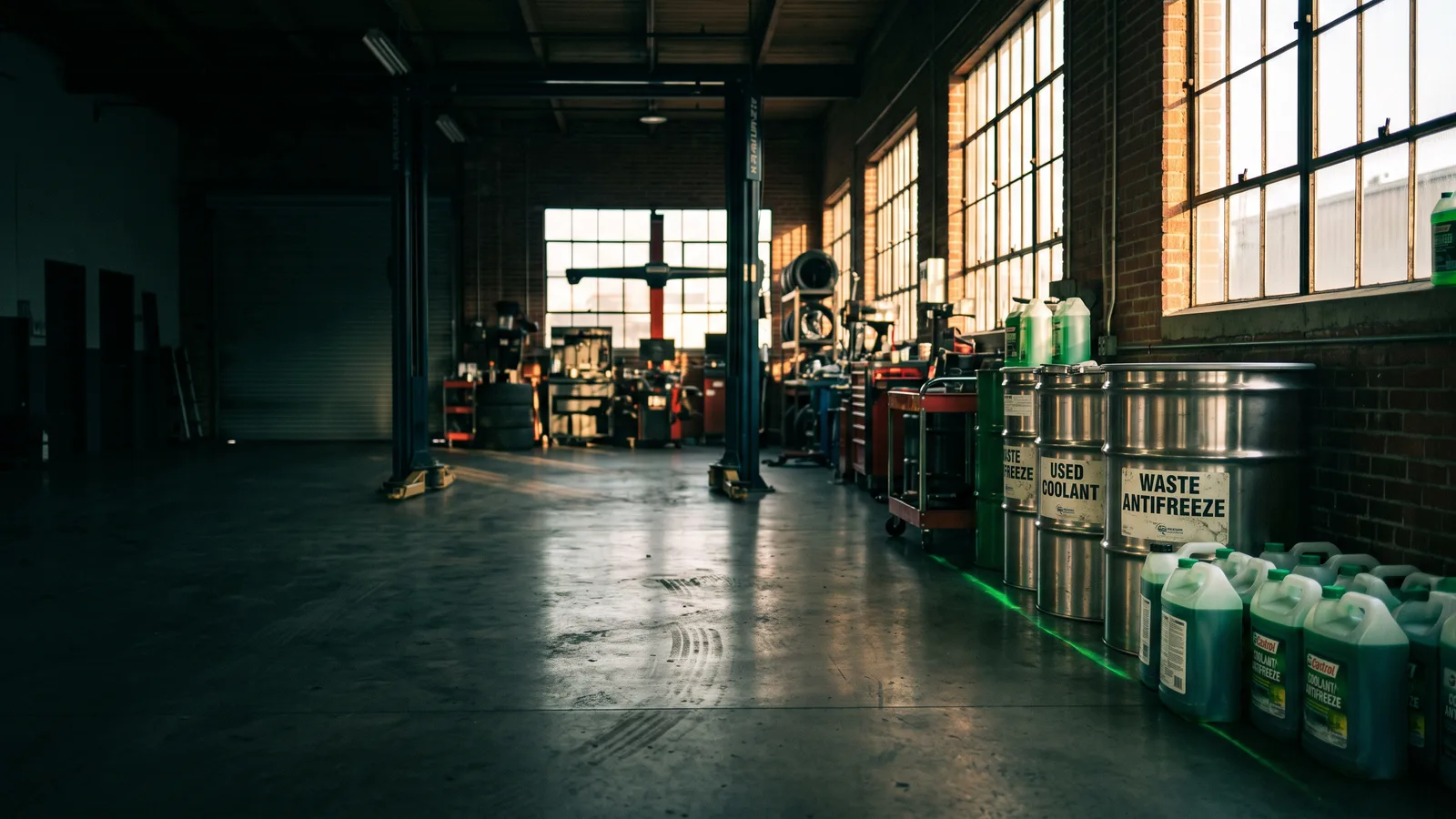 Workshop with labelled collection drums for coolant and antifreeze