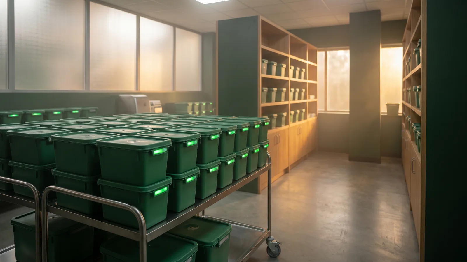 Sealed medical-waste containers in a clean clinical storage room