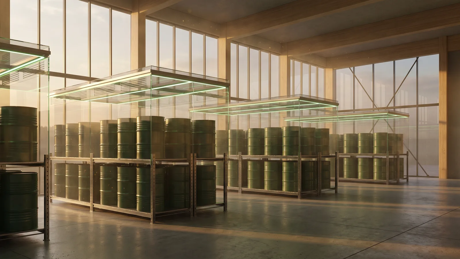Solvent drums in a ventilated hazardous store