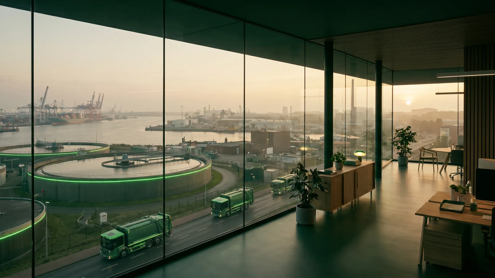 View over a harbour and industrial area with green collection trucks