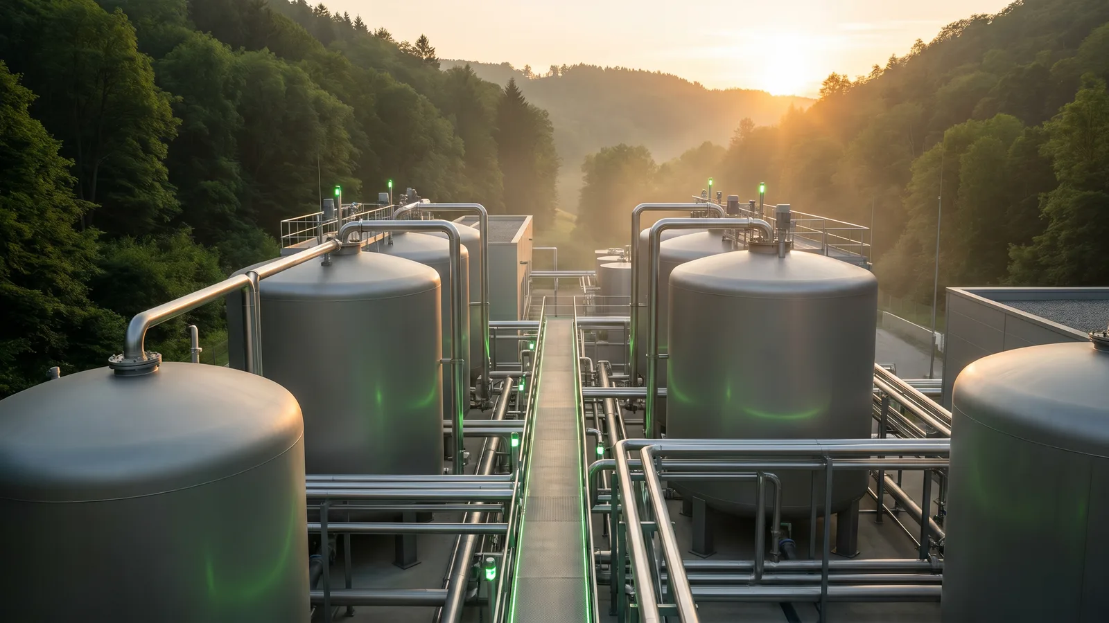 Industriële proceswatertanks en roestvaststalen leidingwerk