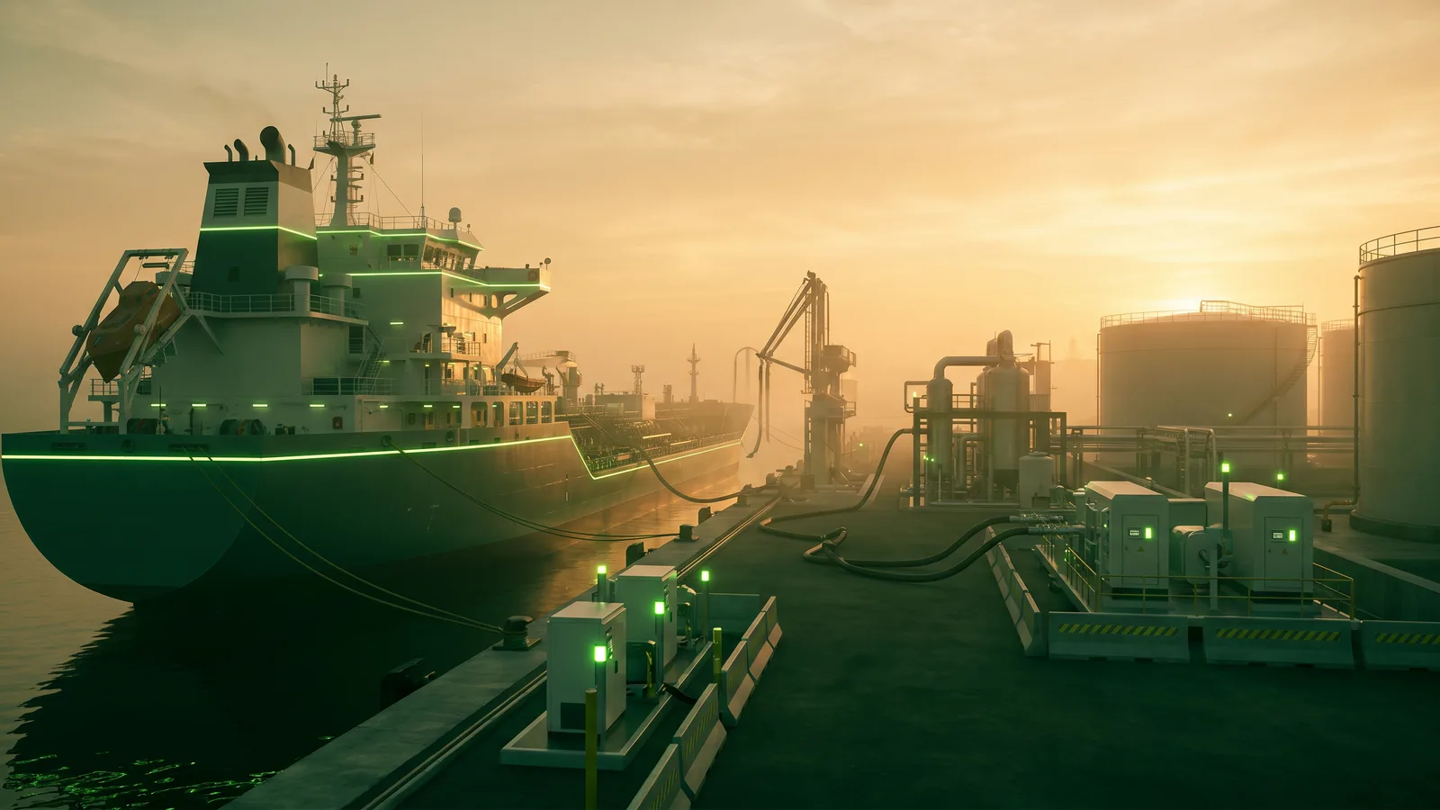 A completed large-scale waste project: tanker operation at a port at sunset