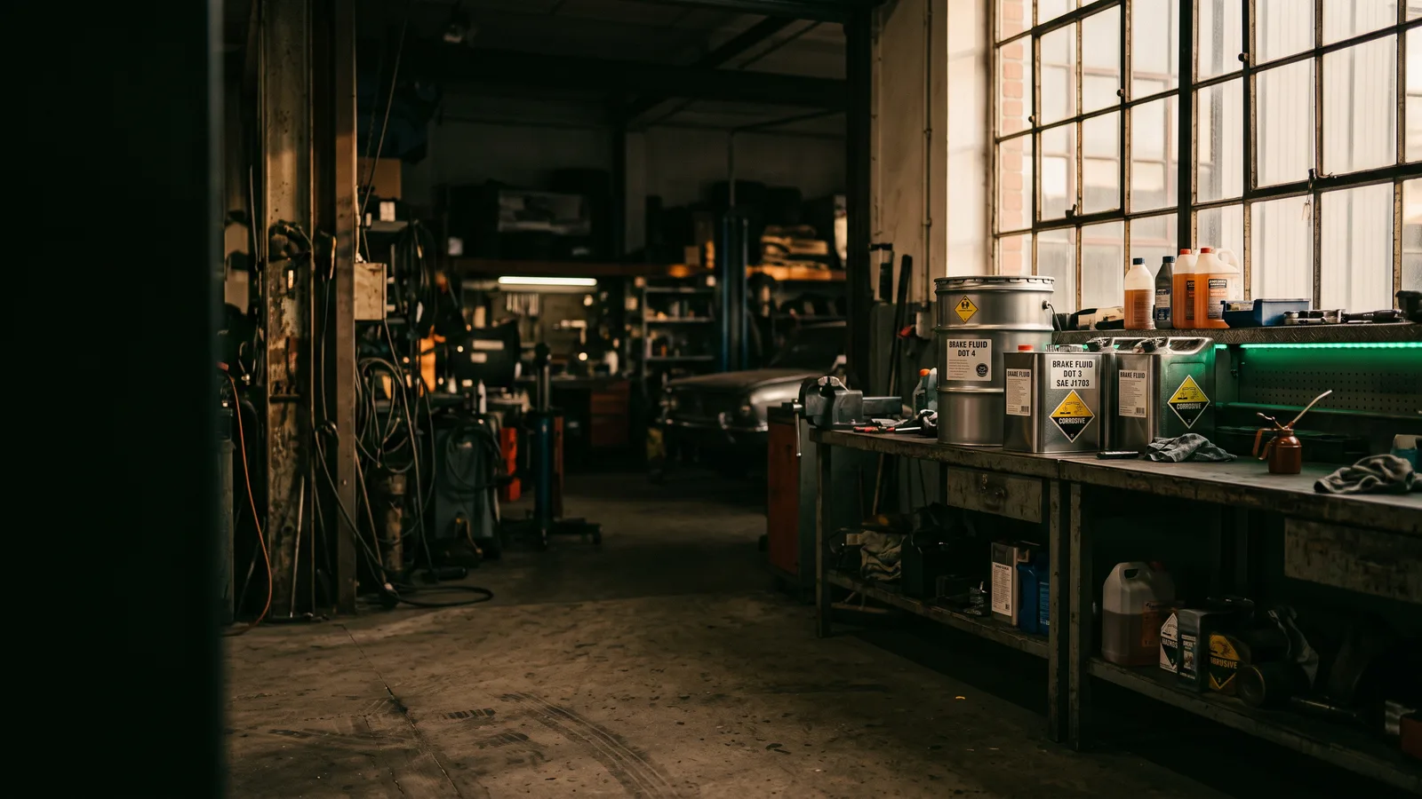 Workshop with labelled brake-fluid collection drums