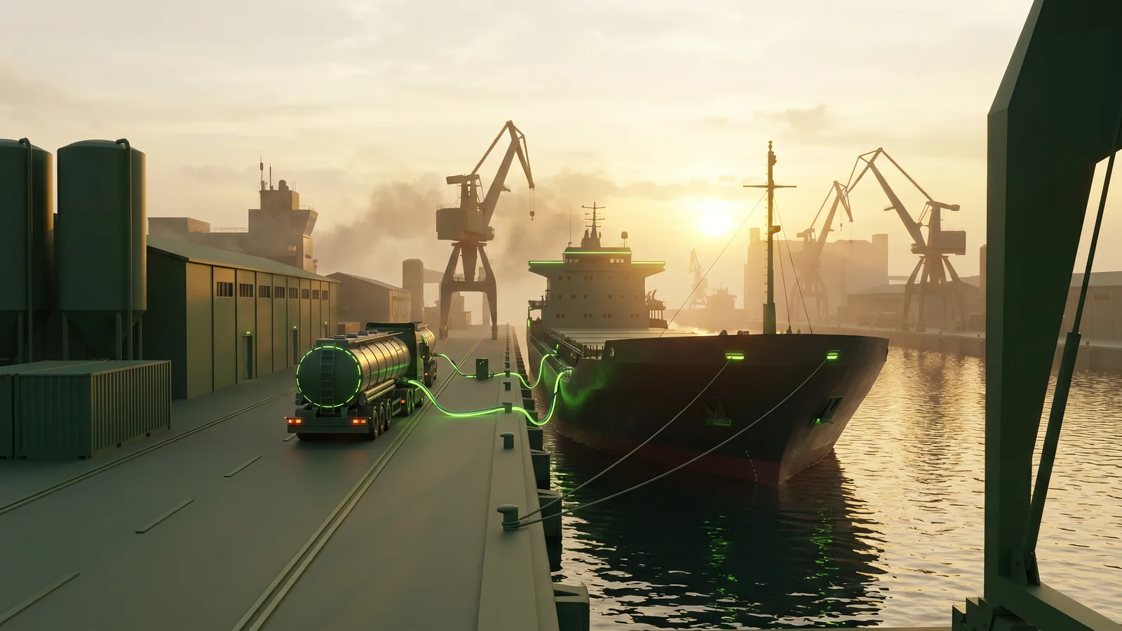 Tanker truck collecting ship waste from a sea vessel at the quay at sunset
