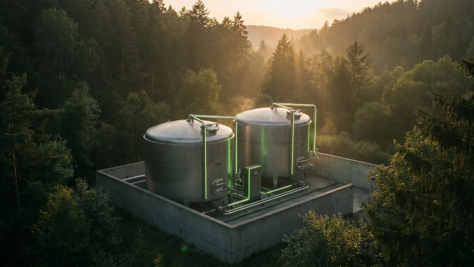 Rinse and wash-water holding tanks at an industrial cleaning bay