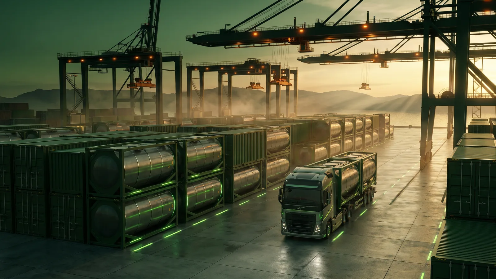 Stacked ISO tank containers at a port terminal with gantry cranes