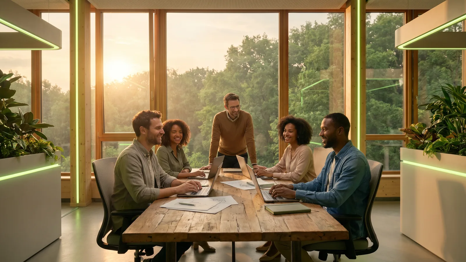 Friendly modern workplace where a small team collaborates in warm light