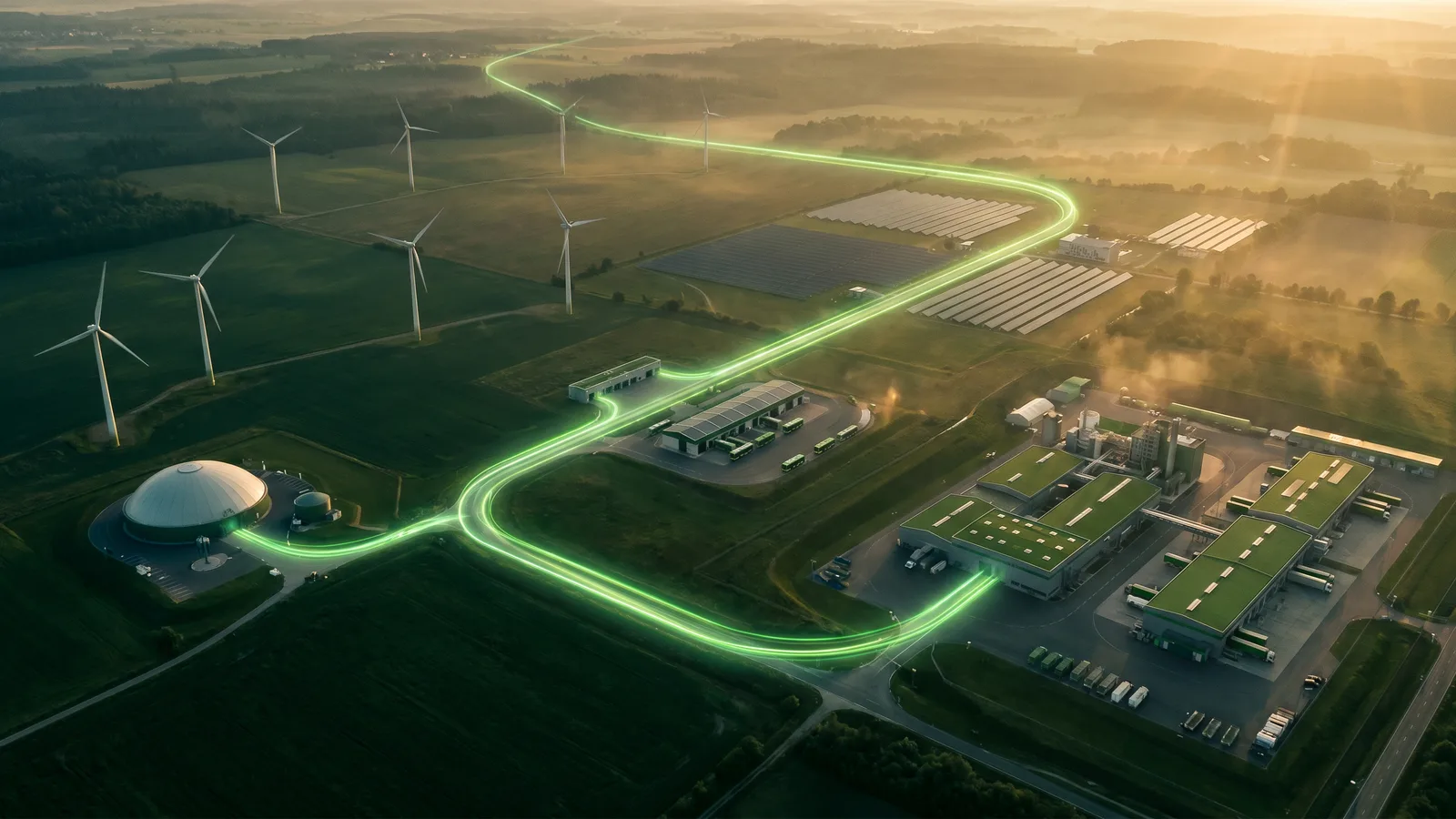 Overview of a planned route and process flow across an industrial landscape